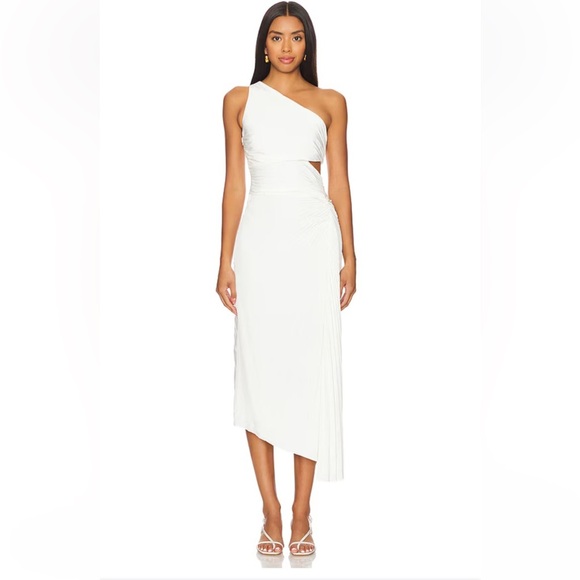 A.L.C. White WhisperSatin Delfina Pleated Long Asymmetric One-Shoulder Dress